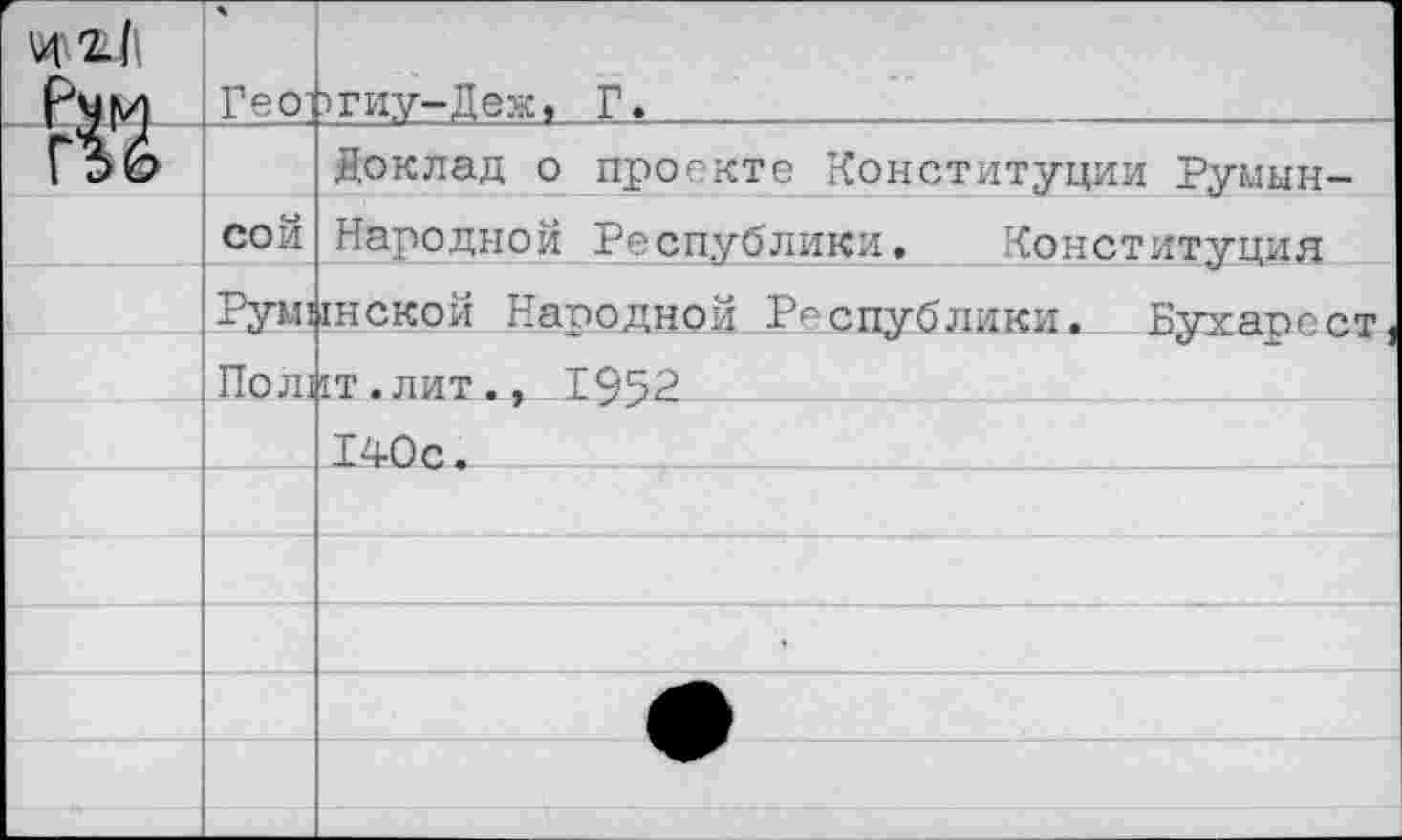 ﻿	ч Гео	>гиу-Деж, Г.
		Доклад о проекте Конституции Румын-
	сой	Народной Республики. Конституция
	Руш Поли	1НСКОЙ Народной Республики. Бухарест, 1Т.лит., 1952
		140с.
		
		
		
		
		
		